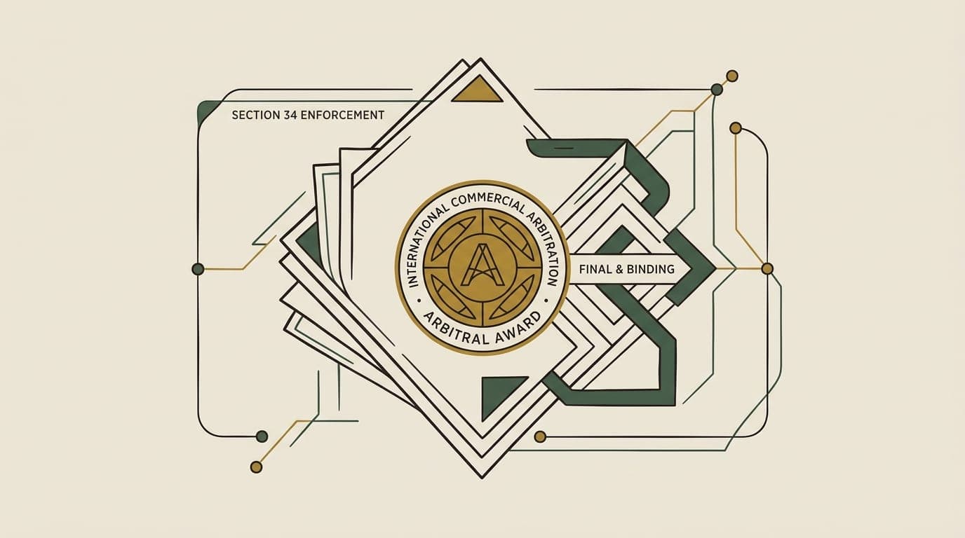 Editorial legal illustration of Section 34 commercial arbitral award enforcement and minimal judicial interference decree
