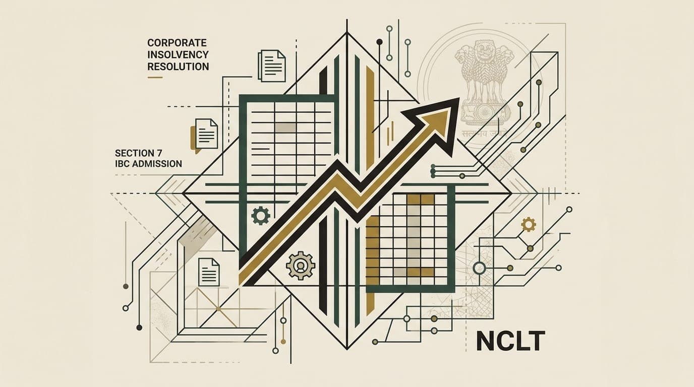 Editorial legal illustration of Insolvency and Bankruptcy Code Section 7 admission standards and financial debt audit ledger