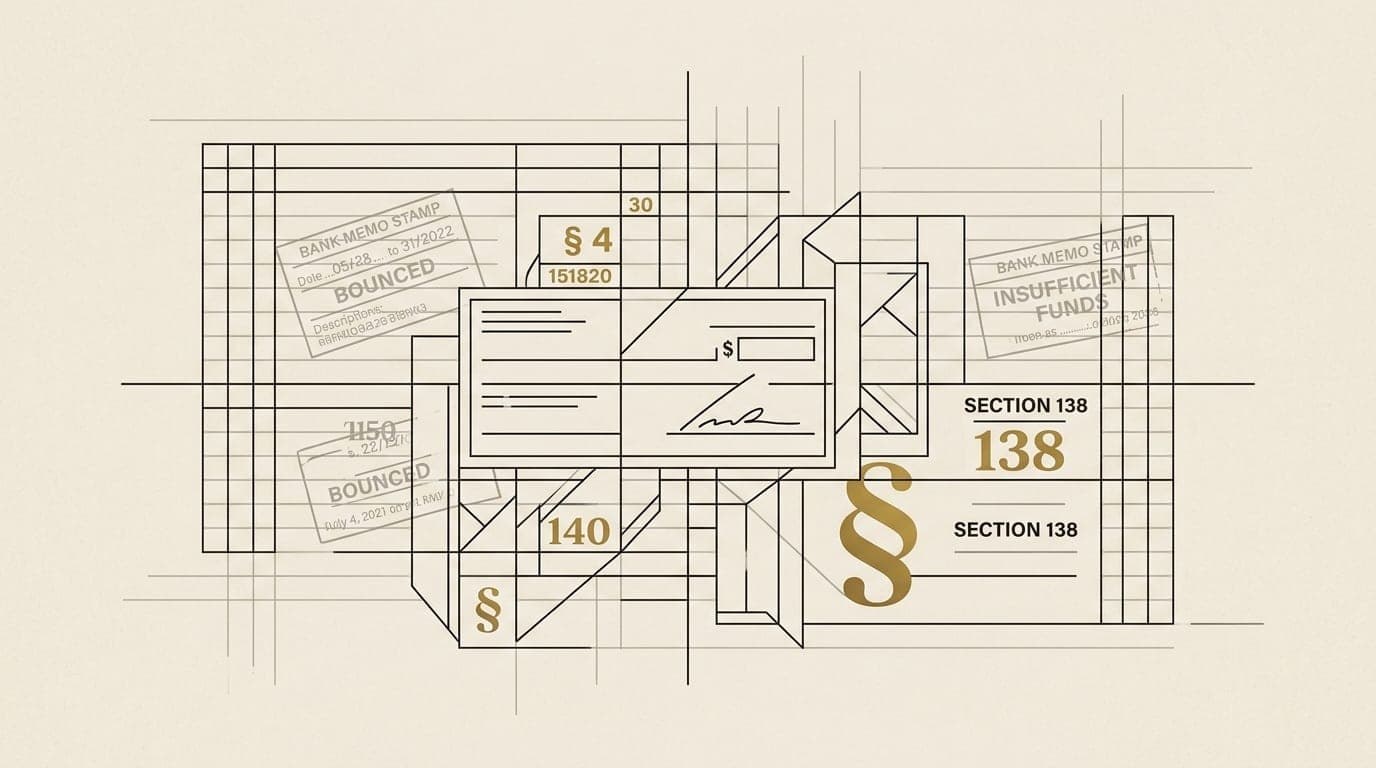 Editorial legal illustration of Section 138 Negotiable Instruments Act banking ledger and statutory presumption defense