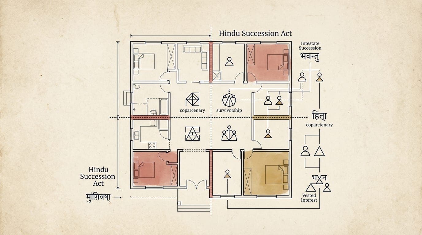 Editorial legal illustration of Hindu Succession Act ancestral property coparcenary blueprint and lineage rights